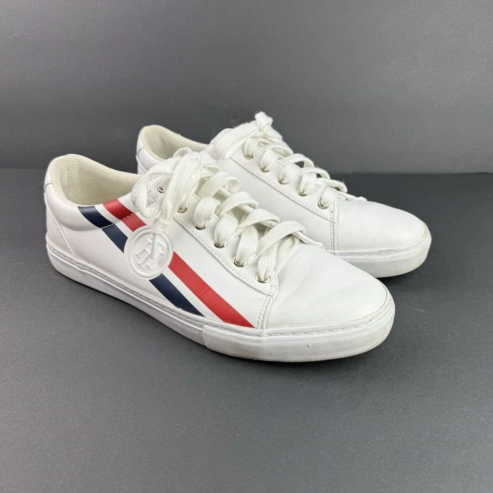 Tommy Hilfiger Lindee Logo Sneakers White Red Blue‎ Logo Stripe Women's Size 9.5